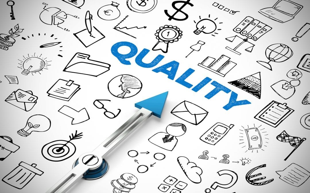 Arrow from a compass points to the word Quality (quality) as a business improvement concept (3d rendering)
